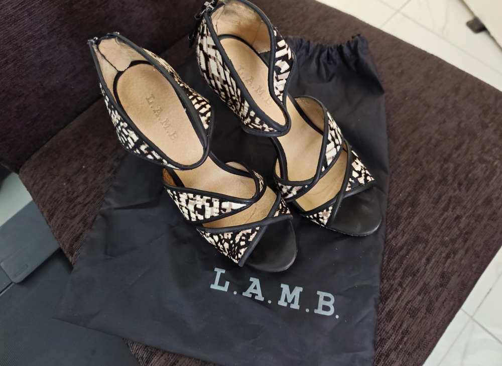 L.A.M.B. Black and Cream Woven Strappy Heels Size 9